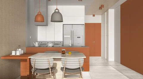 Modern kitchen with dining room in orange tones and wooden wall details, tabl 스톡 일러스트
