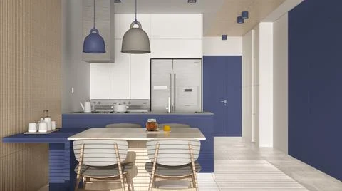 Modern kitchen with dining room in violet tones and wooden wall details, tabl 스톡 일러스트