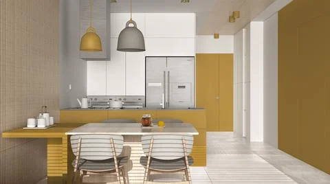 Modern kitchen with dining room in yellow tones and wooden wall details, tabl 스톡 일러스트