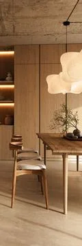 Modern kitchen dining space with natural wood and designer lamp, 3d rendering Stock-Illustration