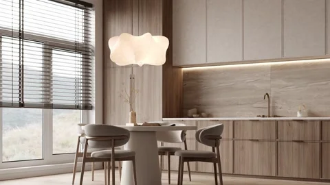 This modern kitchen features elegant lighting and wood elements for a stylish Stock Footage 282678414