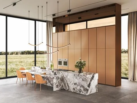 Modern kitchen features an elegant marble island and offers scenic views that Illustrazione stock