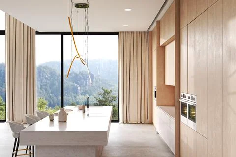 Modern Kitchen that Features a Scenic View of Beautiful Mountains Surrounding It Illustrazione stock