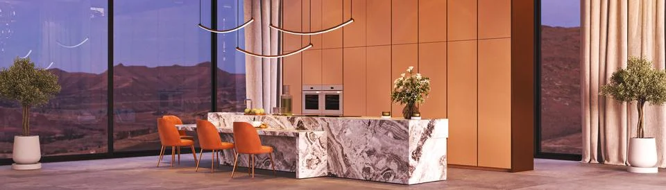 Modern Kitchen Featuring a Scenic View and an Elegant Design Aesthetic Enhances Illustrazione stock