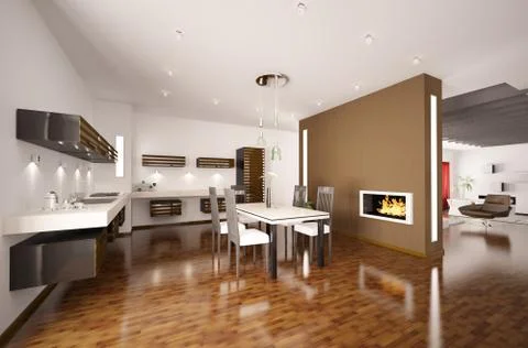 Modern kitchen with fireplace 3d render Stock Illustration