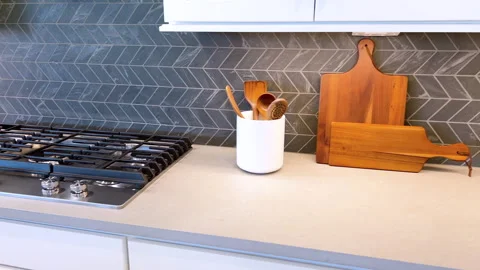 Modern Kitchen Floor with Wood Pattern Tiles Stock Footage 273697261