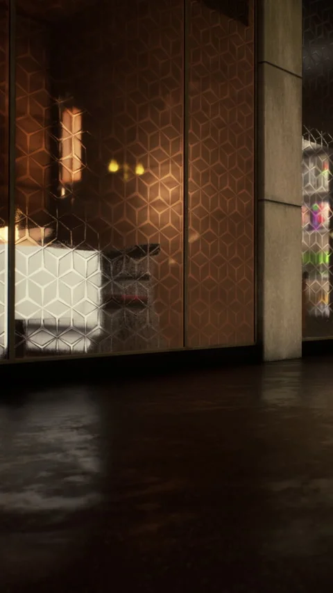 Modern kitchen with glass wall and reflections in urban setting Stock Footage 339392004