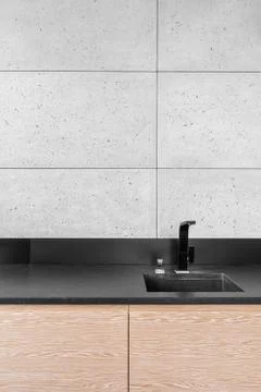 Modern kitchen with grey tiles Stock Photos