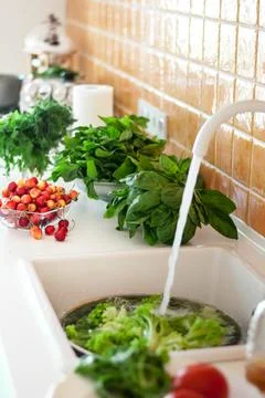 Modern kitchen with herbs Stock Photos