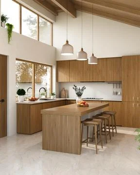 Modern kitchen with high ceiling slanted roof and wooden island Stock Illustration