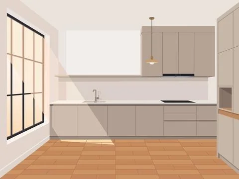Modern kitchen interior background with cabinet, countertop, wooden floor, .. Stock Illustration