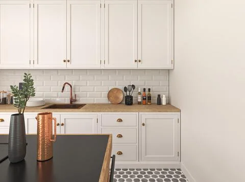 Modern kitchen interior background. Design room and decoration with green plants Illustration
