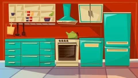Modern kitchen interior background vector cartoon illustration of kitchen Stock Illustration