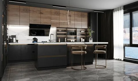Modern kitchen interior in black colors - 3d render Stock Illustration
