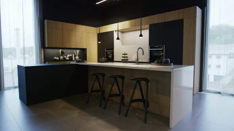 Modern kitchen interior with black island white countertop and wooden cabinets Video stock 155207976