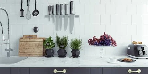 Modern kitchen interior close-up, 3d render Stock Illustration