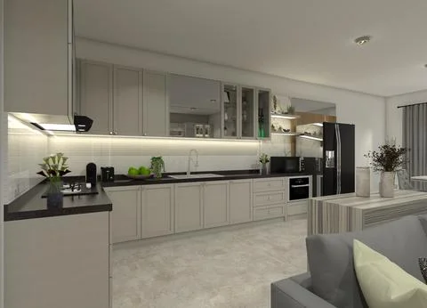 Modern Kitchen Interior Design with Beige Color Cabinet 库存插图