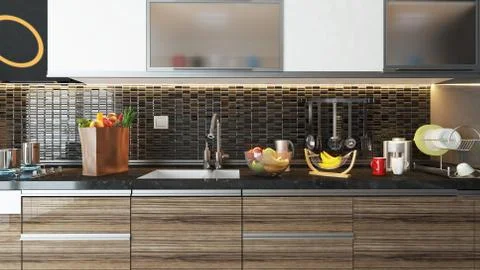 Modern kitchen interior design with black ceramic wall Stock Illustration