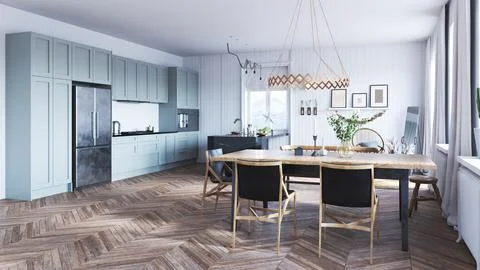 Modern kitchen interior design with dining table. Illustrazione stock