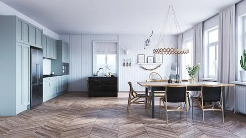 Modern kitchen interior design with dining table. Stock Illustration