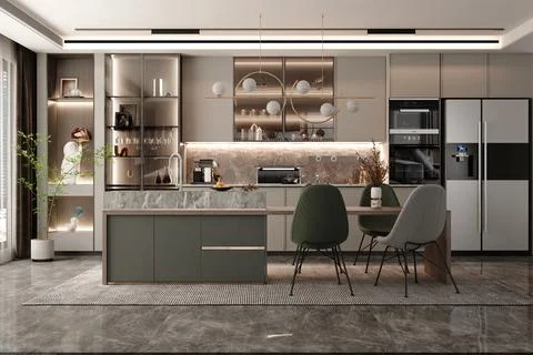 Modern kitchen interior design in a luxury house.3d render Stock Illustration