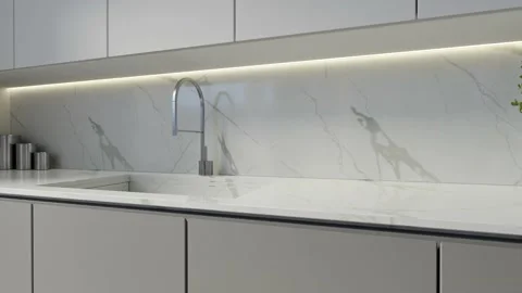 Modern kitchen interior design with quartz countertop, backsplash and cabinet Stockbeeldmateriaal 209683740