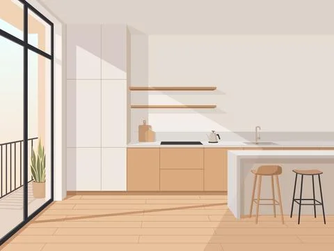 Modern Kitchen Interior Design Vector Illustration With Furniture And Balco.. Stock Illustration