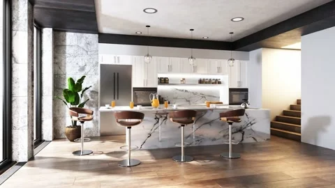 Modern kitchen interior design with white kitchen marble countertops Vídeos de archivo 190157368