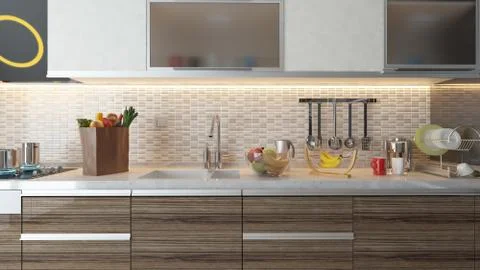 Modern kitchen interior design with white ceramic wall Stock Illustration
