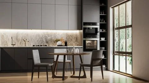 Modern kitchen interior with dinning area and window, 3d rendering Modern ... Stock Photos