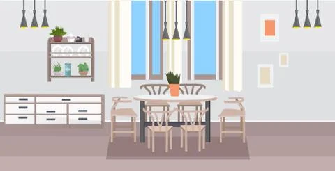 Modern kitchen interior empty no people dining room with table surrounded by Stock Illustration