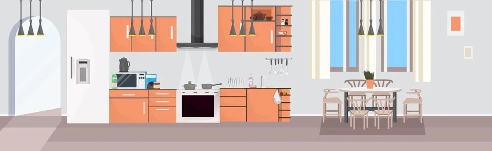 Modern kitchen interior empty no people dining room with appliances and Illustrazione stock