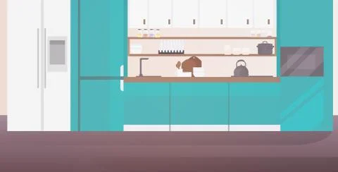 Modern kitchen interior empty no people house room with furniture horizontal Stock Illustration