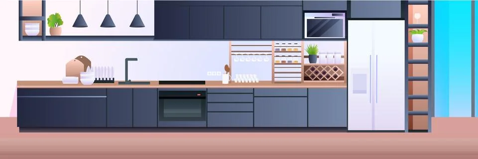 Modern kitchen interior empty no people house room horizontal Stock Illustration