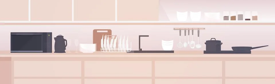Modern kitchen interior empty no people house room with furniture horizontal Stock Illustration