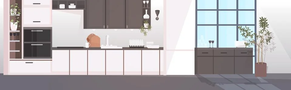 Modern kitchen interior empty no people house room with furniture horizontal Stock Illustration