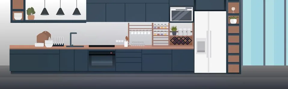 Modern kitchen interior empty no people house room with furniture horizontal Stock Illustration