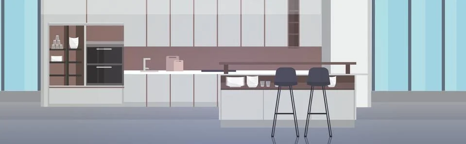Modern kitchen interior empty no people house room with furniture horizontal Stock Illustration