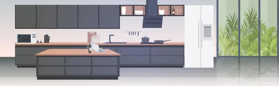 Modern kitchen interior empty no people house room with furniture horizontal Stock Illustration