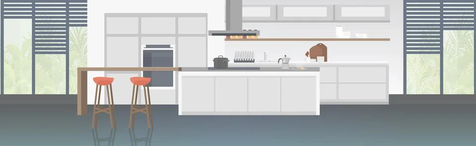 Modern kitchen interior empty no people house room with furniture horizontal Stock Illustration
