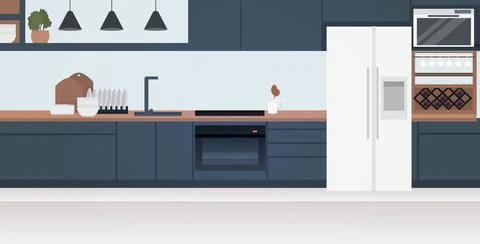 Modern kitchen interior empty no people house room with furniture horizontal Stock Illustration