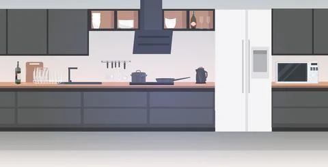 Modern kitchen interior empty no people house room with furniture horizontal Stock Illustration