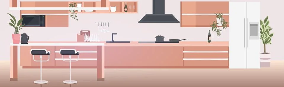 Modern kitchen interior empty no people house room with furniture horizontal Stock Illustration