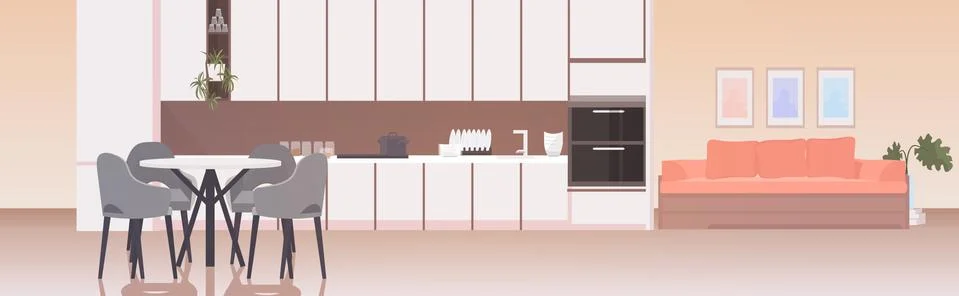 Modern kitchen interior empty no people house room with furniture horizontal Stock Illustration