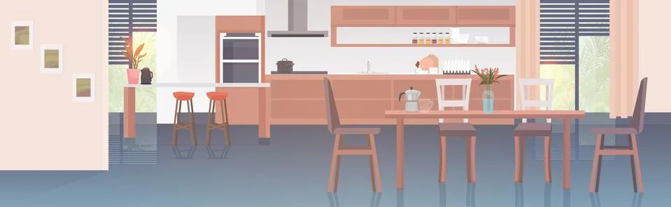 Modern kitchen interior empty no people house room with furniture horizontal Stock Illustration