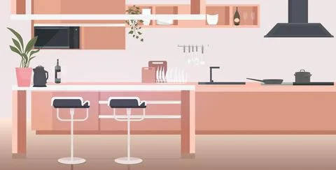 Modern kitchen interior empty no people house room with furniture horizontal Stock Illustration