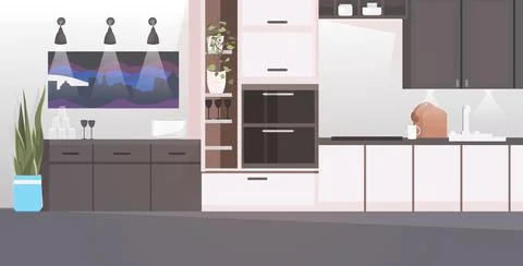 Modern kitchen interior empty no people house room with furniture horizontal Stock Illustration