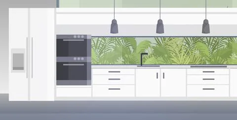 Modern kitchen interior empty no people house room with furniture horizontal Stock Illustration