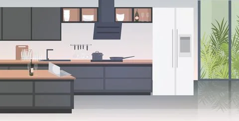 Modern kitchen interior empty no people house room with furniture horizontal Stock Illustration