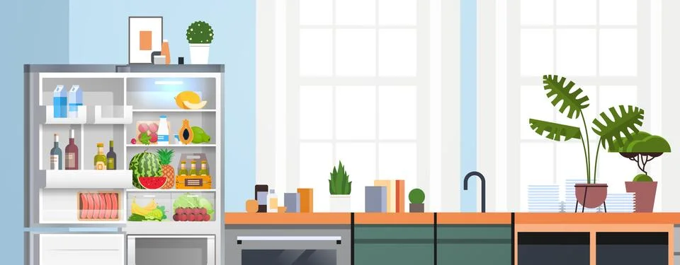 Modern kitchen interior empty nobody apartment with open fridge full of fresh Illustrazione stock